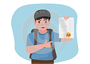 The boy was very happy and happy because he got good grades from competitive exams. vector illustration
