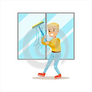 Boy Washing Windows With Squeegee Smiling Cartoon Kid Character Helping With Housekeeping And Doing House Cleanup