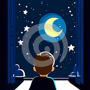 Boy watching the moon from the window at night. Vector illustration. AI generated