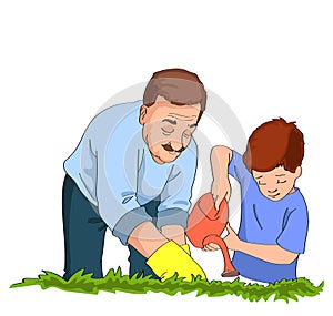 boy watering flowers with his grandfather