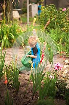 A boy watering flowers and a vegetable garden with a watering can. The boy helps with the summer garden. Children`s games with wat