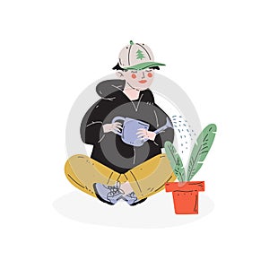 Boy Watering Houseplant, Hobby, Education, Creative Child Development Vector Illustration