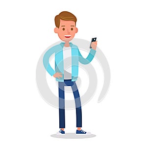 Boy wear blue jacket and playing mobile phone character vector design