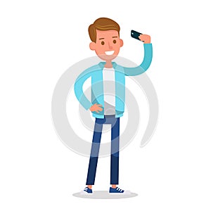 Boy wear blue jacket and playing mobile phone character vector design. no3