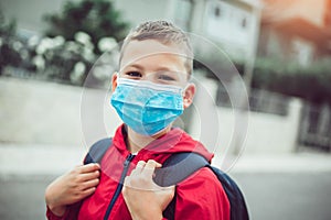 The boy wear a mask before going to school preventing outbreak Infectious