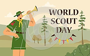 Boy wear scout uniform blows the trumpet fife, cartoon summer camp scouts fifer on nature, World scout day vector poster