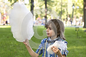 A boy wearing blue shirt with a bow tie eats cotton candy in the park against the backdrop of a lawn