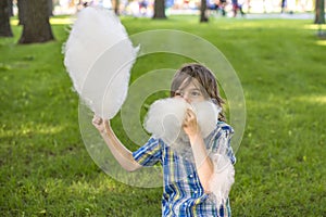 A boy wearing blue shirt with a bow tie eats cotton candy in the park against the backdrop of a lawn