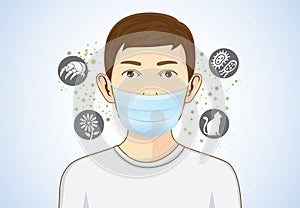 Boy wearing breath mask for protect allergic.