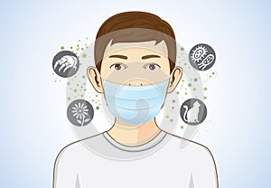 Boy wearing breath mask for protect allergic. photo