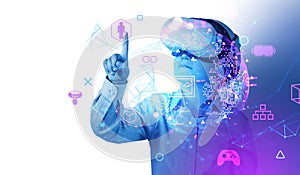 Boy wearing formal wear and vr googles watching metaverse realit photo