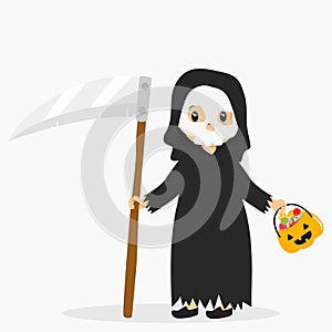 Boy Wearing Halloween Grim Reaper Costume Cartoon Vector