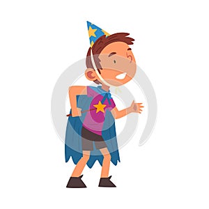 Boy Wearing Magician Costume, Cute Kid Playing Dress Up Game Cartoon Vector Illustration