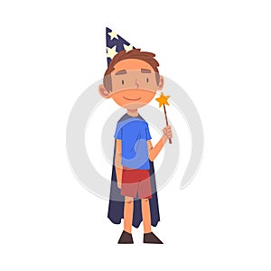 Boy Wearing Magician Costume Standing with Magic Wand, Cute Kid Playing Dress Up Game Cartoon Vector Illustration