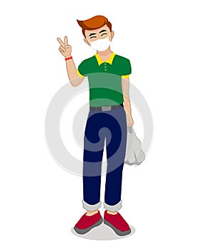 Boy wearing a mask and holding up two fingers in covid-19  outbreak vector illustration.