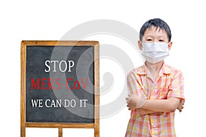 Boy wearing mask with text