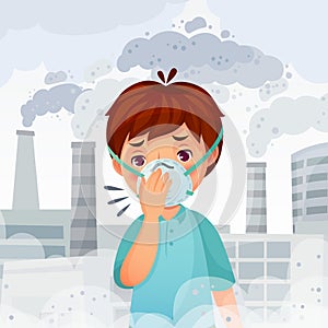 Boy wearing N95 mask. Dust PM 2.5 air pollution, young men breath protection and safe face mask cartoon vector