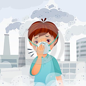 Boy wearing N95 mask. Dust PM 2.5 air pollution, young men breath protection and safe face mask cartoon vector illustration