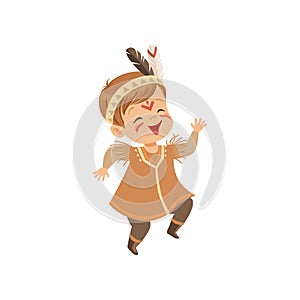 Boy wearing native Indian costume and headdress dancing, kid playing in American Indian vector Illustration on a white