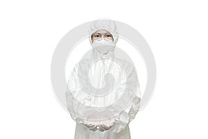 A boy wearing personal protective equipment including white suit, goggles, mask and gloves  on white background.