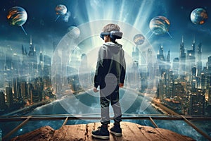 Boy wearing virtual reality glasses. Blue futuristic background