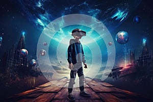 Boy wearing virtual reality glasses. Blue futuristic background