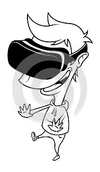Boy wearing virtual reality glasses having fun, playing vr game. Cartoon line illustration