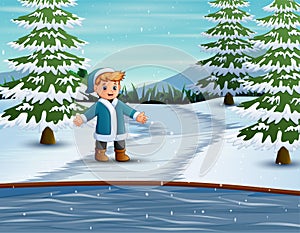 Boy wearing warm jacket and hat in wintertime