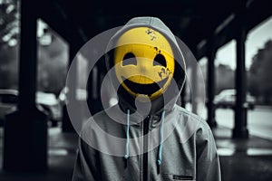 Boy wearing a weathered yellow facemask and hoodie, signifying paranoia, AI-generated