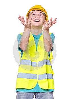 Boy wearing yellow hard hat