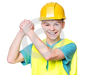 Boy wearing yellow hard hat