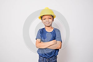 Boy wearing yellow hat engineer idea