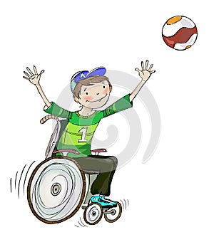 Boy in wheelchair play with ball. School lesson and educational concept.