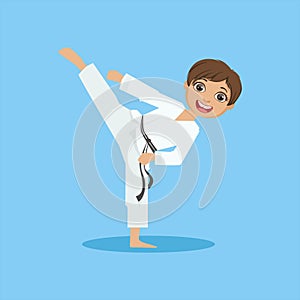 Boy In White Kimono Doing Leg Sidekick On Karate Martial Art Sports Training Cute Smiling Cartoon Character