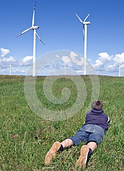 Boy and wind turbines