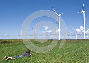 Boy and wind turbines
