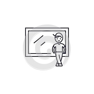 Boy at the window vector line icon, sign, illustration on background, editable strokes