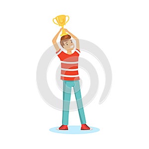 Boy winner with golden cup happy with victory vector illustration