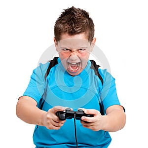 Boy with winning attitude playing video console