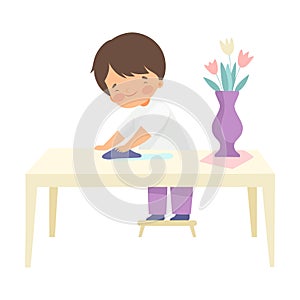 Boy Wiping Table with Rag, Kid Helping With Home Cleanup Vector Illustration