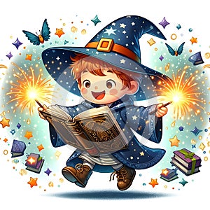 Boy with wizard costume hat and magical book illustration