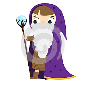 Boy in wizard costume holding magic rod with crystal ball. Halloween children series