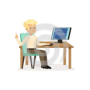 Boy working at computer, pupil of elementary school at informatics lesson at school vector Illustration on a white