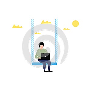 A boy is working on a laptop