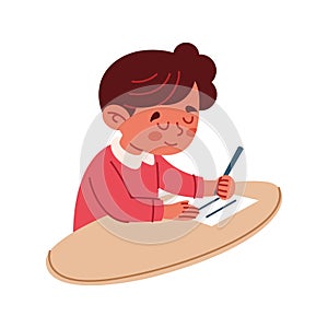 Boy Writing with Blue Pencil