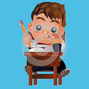 Boy writing with concentration. Vector illustration decorative design