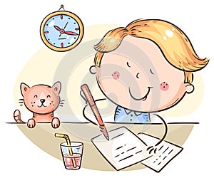 Boy writing a letter or making homework at the desk