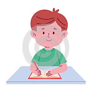 Boy Writing with Red Notebook