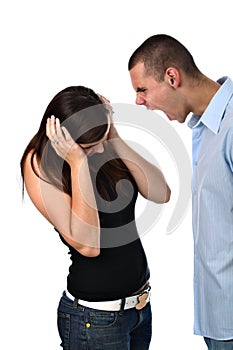 Boy yelling at his girlfriend isolated on white