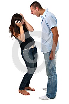 Boy yelling at his girlfriend isolated on white